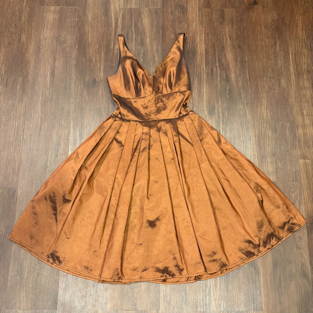 Bronze Copper Shot Taffeta Pleated V Neck Couture Cocktail Swing Dress Small 4